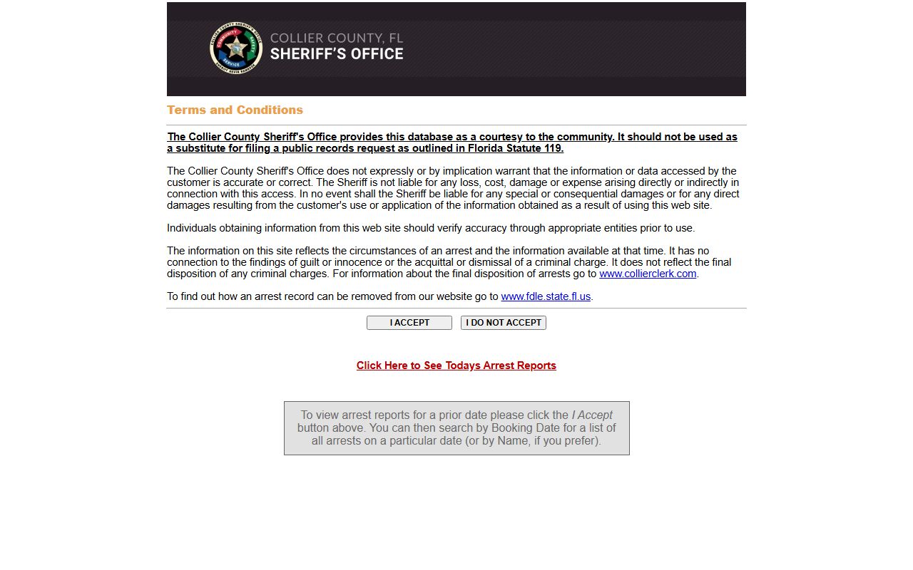 Collier County Sheriff's Office arrest search terms page for the jail inmate population lookup