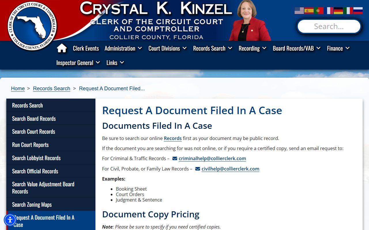 Collier Clerk request-a-document page for Collier County court records after a jail arrest