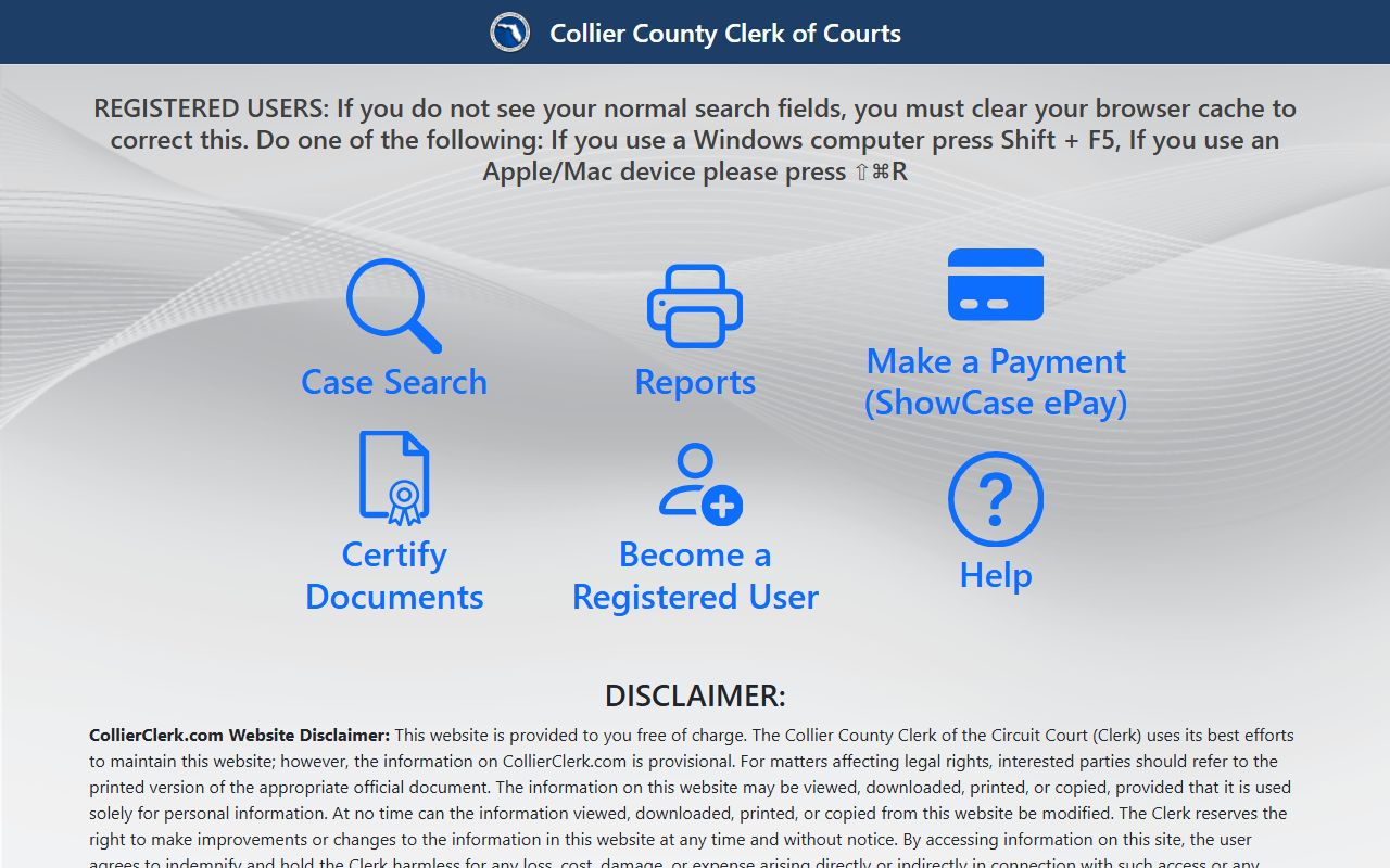 Collier Clerk court record portal showing Collier County criminal court records after an arrest