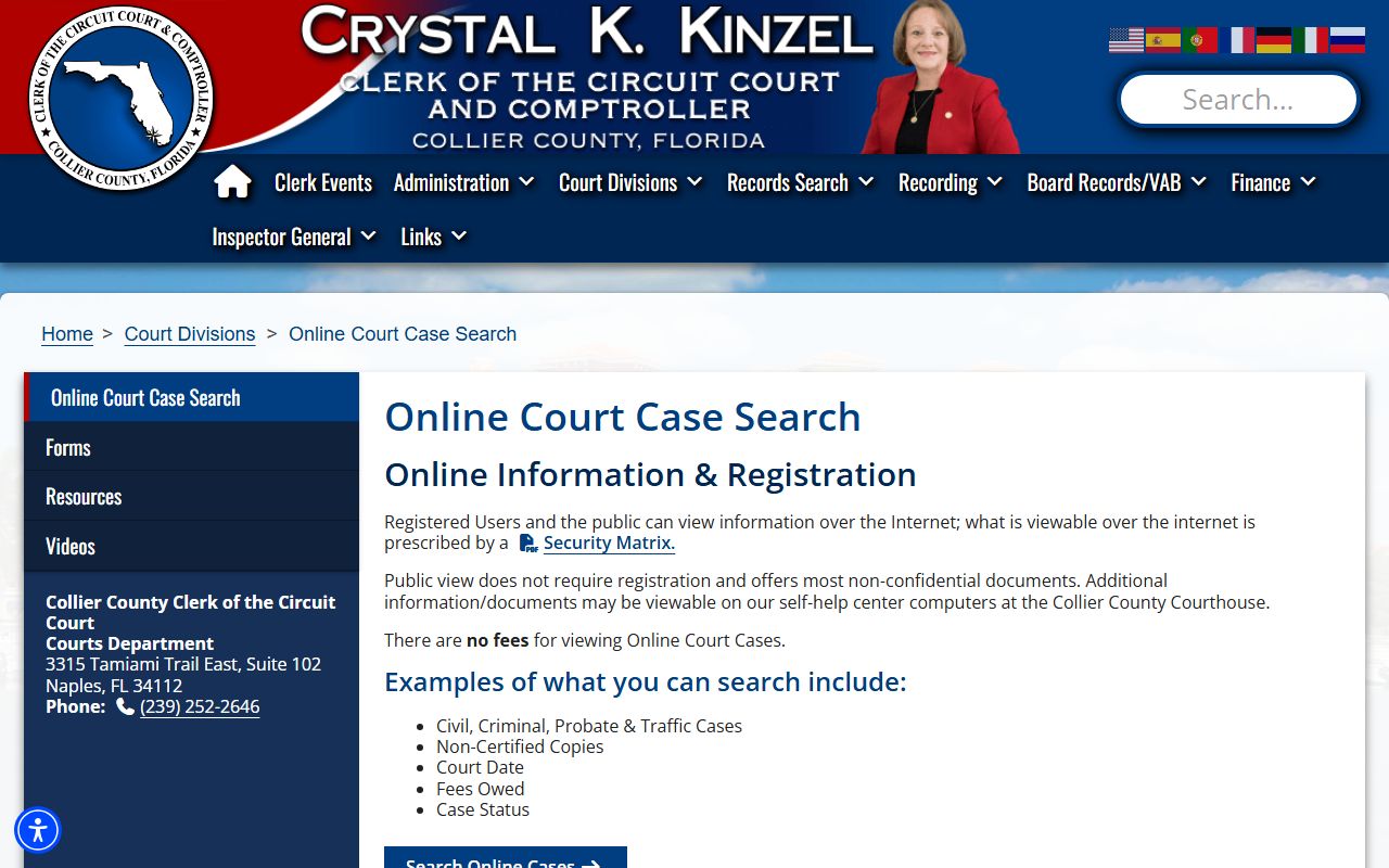 Collier Clerk online case search page for Collier County court records after a jail arrest