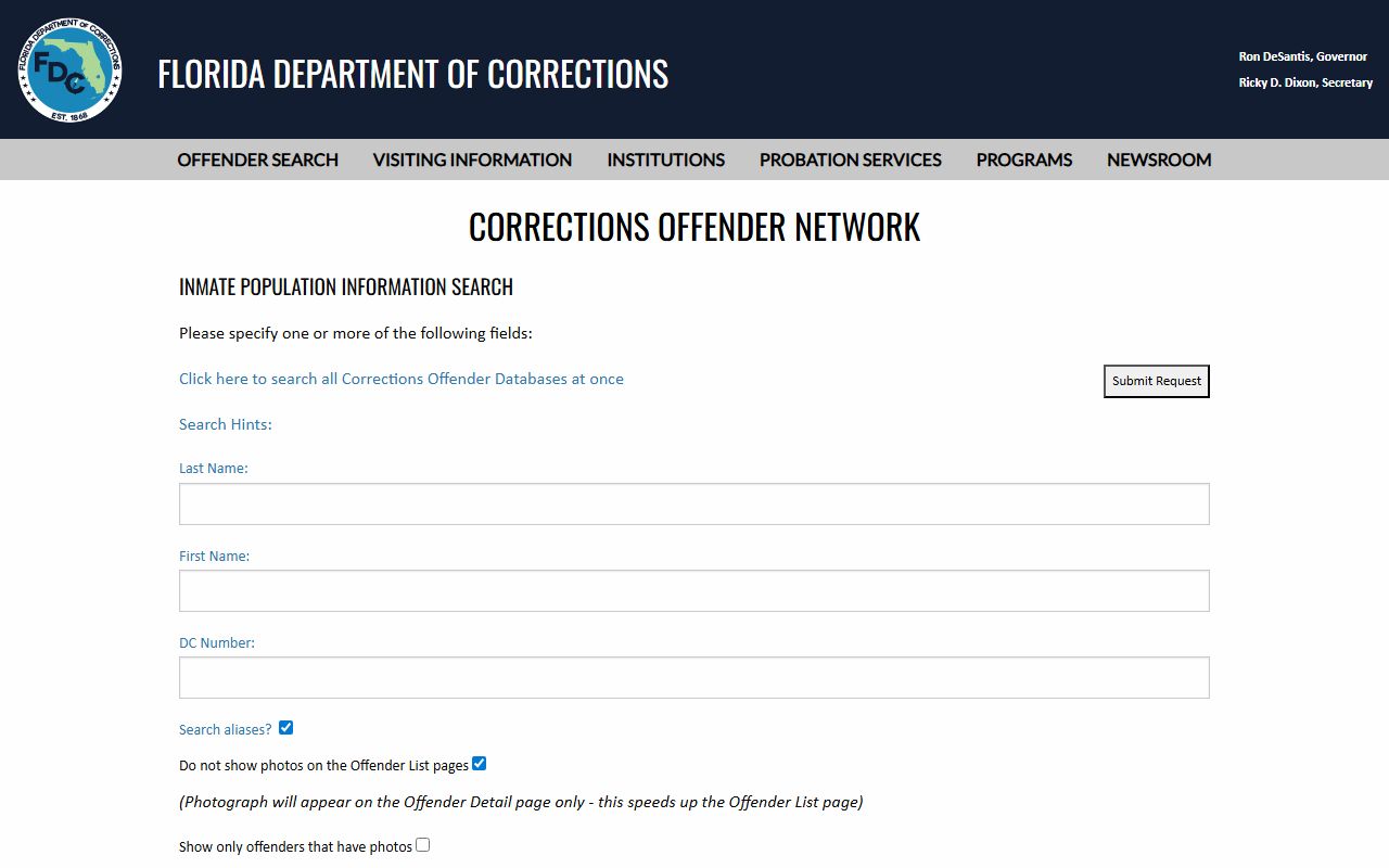 Florida Department of Corrections inmate population search for sentenced Collier County state prisoners