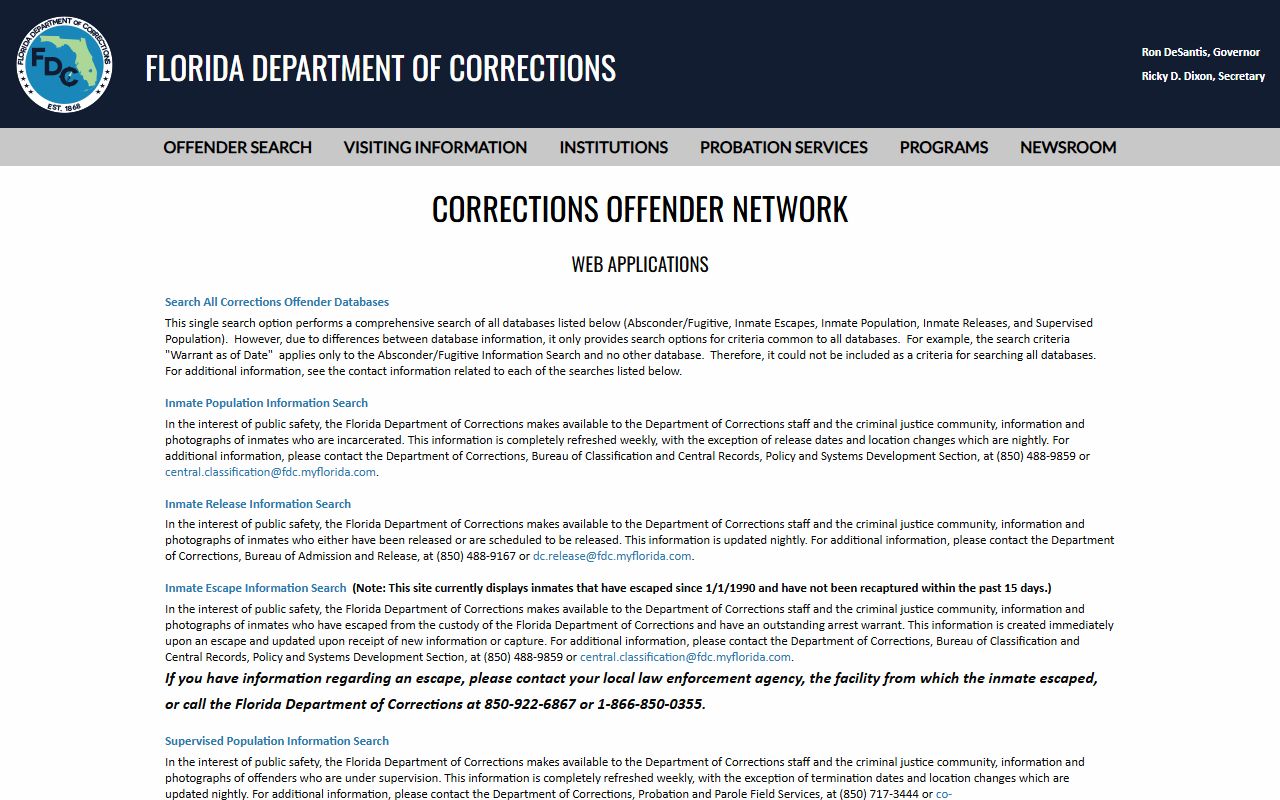 Florida Department of Corrections offender search menu for sentenced Collier County inmate records