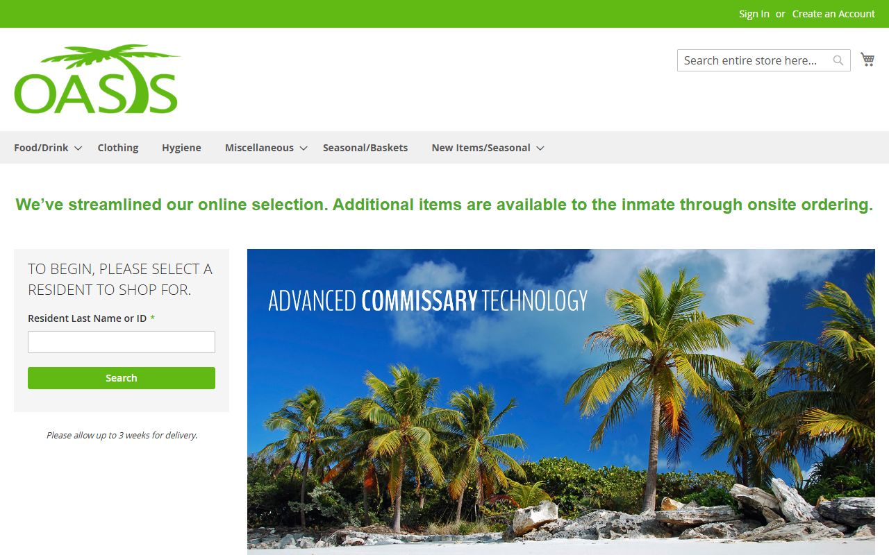 Oasis Commissary care pack ordering site for Immokalee Jail Center inmates in Collier County